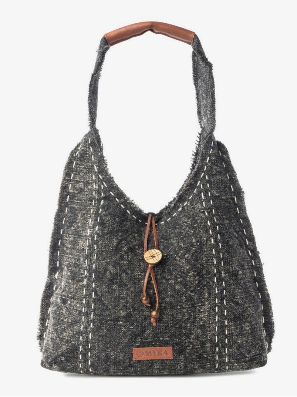 Myra Bag Black Textured Hobo with Brown Accent Strap